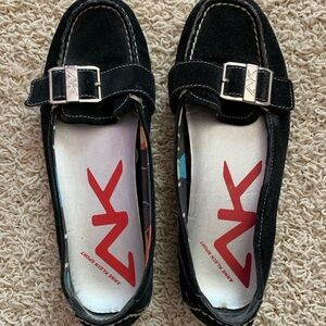 Anne Klein Black Suede Loafers with Silver Buckle